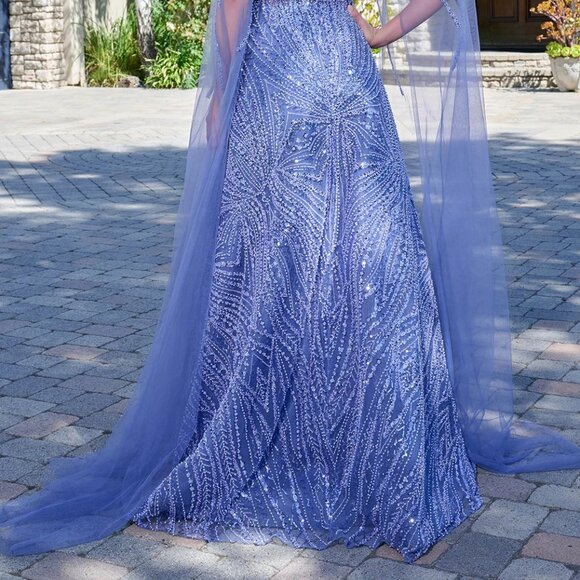 New Smoky Blue Beaded Maxi Mother Of Bride Mesh Gown w/ Cape Sleeves GL3833 - Picture 13 of 13